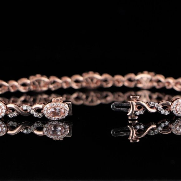 Levian 14k Rose Gold Peach Morganite Chocolate White Diamond Tennis 7" Bracelet - Picture 3 of 4